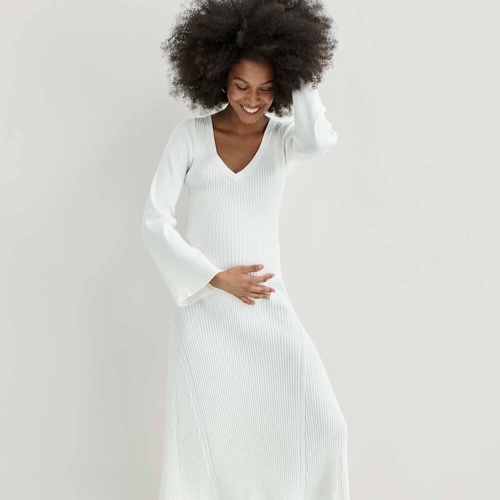 Hatch The Sima White Ribbed Maternity V-Sweater Midi Dress Size XL